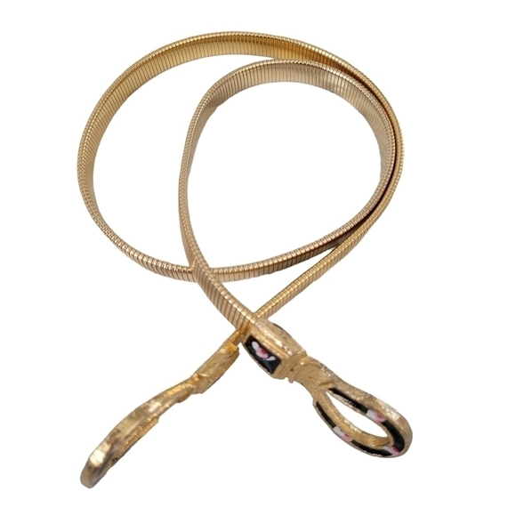 Vintage Gold Tone Metal Coil Thin Belt Enamel Floral Clasp - Picture 4 of 7